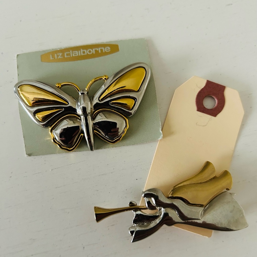 Liz Claiborne Gold and Silver Tone Butterfly & Angel Pin Brooches